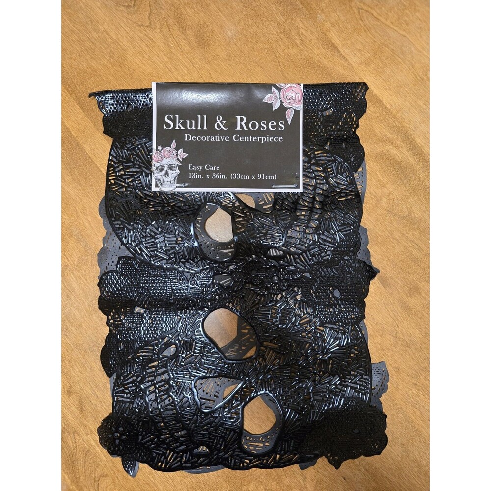Skull & Roses Decorative Table Runner, Black Vinyl Centerpiece 3' L X 13" W New